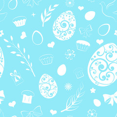 Seamless pattern of eggs, flowers, cake, gift box and other Easter symbols, white on light blue