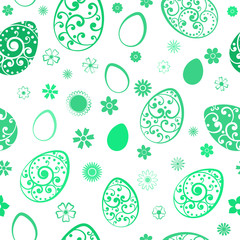 Seamless pattern of Easter eggs and flowers, green on white