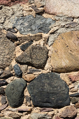 Old grey and brown rough stone wall, closeup texture background, selective focus, shallow DOF