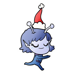 smiling alien girl gradient cartoon of a running wearing santa hat