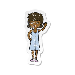 retro distressed sticker of a cartoon pretty woman waving