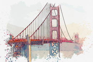 Watercolor sketch or illustration of the beautiful view of the Golden Gate Bridge in San Francisco in America - obrazy, fototapety, plakaty