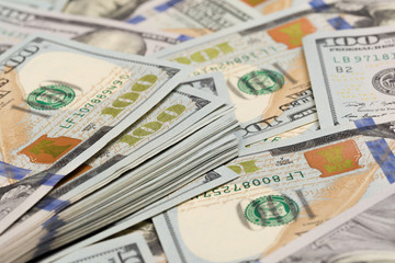 Stack of one hundred dollar bills close-up. - Image.
