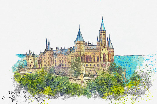 Watercolor sketch or illustration of a beautiful view of Hohenzollern Castle in Germany