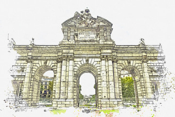 Watercolor sketch or illustration of a beautiful view of the Alcala Gate in Madrid in Spain - obrazy, fototapety, plakaty