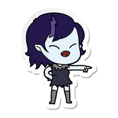 sticker of a cartoon vampire girl pointing and laughing