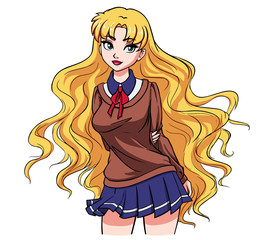 Cute cartoon school girl with wavy blonde hair and big blue eyes. Hand drawn vector illustration.