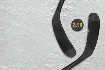 Puck and two hockey sticks on the ice