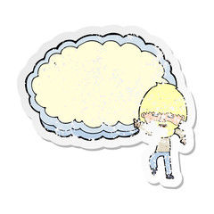retro distressed sticker of a cartoon man pointing at text cloud space