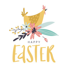 Happy Easter greeting card with handwritten phrase, hen, flowers, leaves and berries. Handwritten modern brush calligraphy.