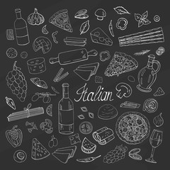 Vintage hand drawn italian food collection on black background. Vector italian set for cafe menu