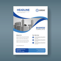 Corporate business flyer template with wavy blue shapes