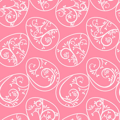 Seamless pattern with tender linear eggs. Pink background with decorative painted eggs for the holiday of Easter. Outline vector drawing. Easter texture, wrapping paper, website design
