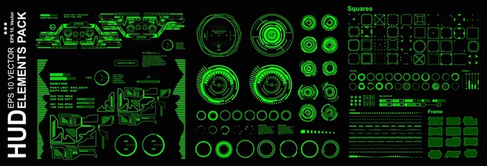 HUD elements mega set pack. Dashboard green display virtual reality technology screen.