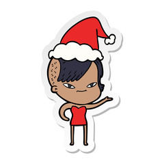 cute sticker cartoon of a girl with hipster haircut wearing santa hat