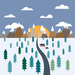 Mountains, Kamchatka, sun, bear, sun, forest. Vector illustration