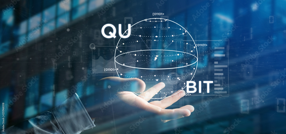 Poster businessman holding quantum computing concept with qubit icon 3d rendering