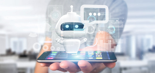 Businessman holding Chatbot with binary code, message and data 3d rendering
