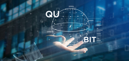 Businessman holding Quantum computing concept with qubit icon 3d rendering - 251968318