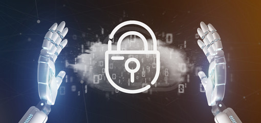 Cyborg holding a Binary cloud with internet security padlock 3d rendering