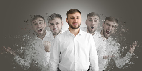Different emotions of young man on grey background - obrazy, fototapety, plakaty