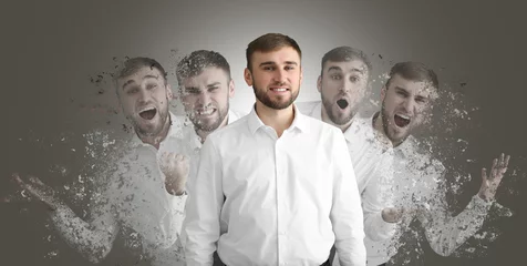 Poster Different emotions of young man on grey background © Pixel-Shot