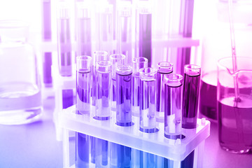 Test tubes with colorful samples in laboratory, closeup