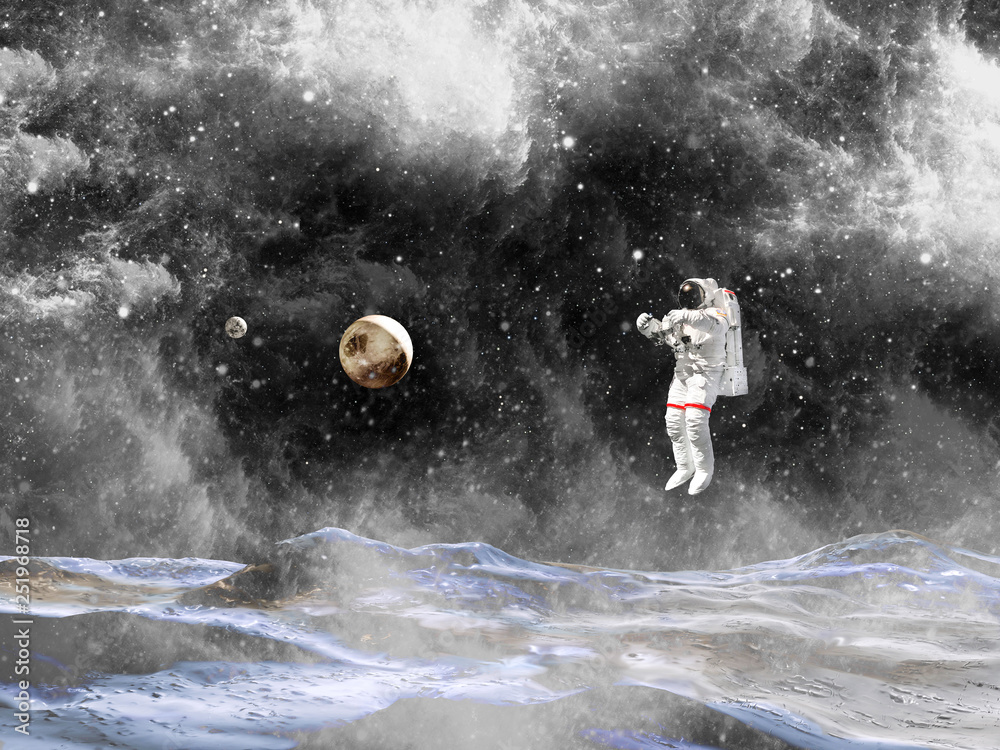 Poster astronaut landing on a planet. cosmonaut explore unknown planet. elements of this image furnished by
