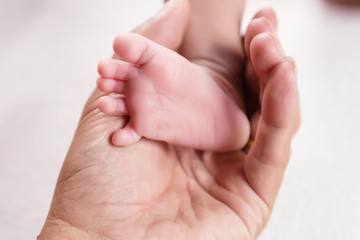 Parent holding feet of newborn baby in the hands