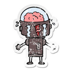 distressed sticker of a cartoon crying robot