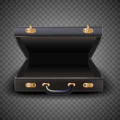 3d realistic vector opened vintage man suitcase with shine and sparkles, concept of new idea and business success. Isolated on dark background.