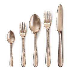 Modern 3d realistic bronze cutlery set with table knife, spoon, fork, tea spoon and fish spoon.