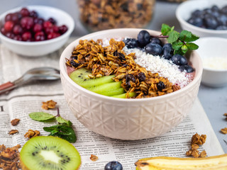 smoothies with granola, berries and fruits