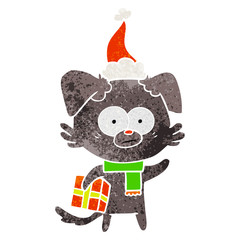nervous dog retro cartoon of a with gift wearing santa hat