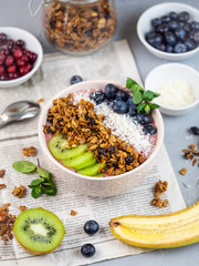 smoothies with granola, berries and fruits