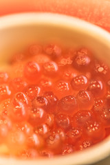 Japanese salmon caviar known as ikura which derives from Russian word which means caviar or fish roe.