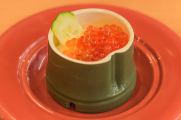 Japanese salmon caviar known as ikura which derives from Russian word which means caviar or fish roe.