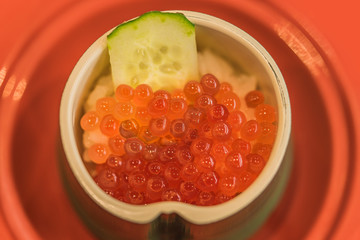 Japanese salmon caviar known as ikura which derives from Russian word which means caviar or fish roe.