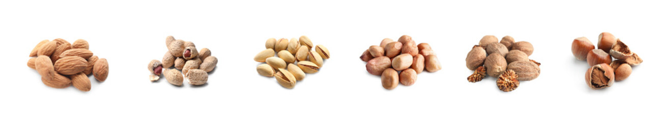 Assortment of tasty nuts on white background