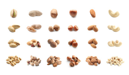 Assortment of tasty nuts on white background