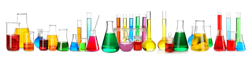Laboratory glassware with color samples on white background - obrazy, fototapety, plakaty