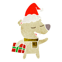 retro cartoon of a bear with present wearing santa hat