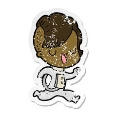 distressed sticker of a cartoon astronaut girl with hipster hair