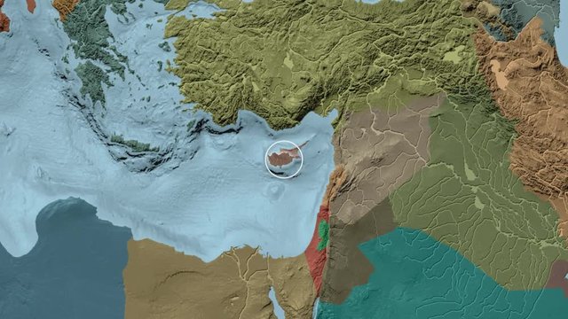 Cyprus area presented against the global administrative map in the Kavrayskiy VII projection with animated oblique transformation