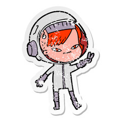 distressed sticker of a cartoon astronaut woman