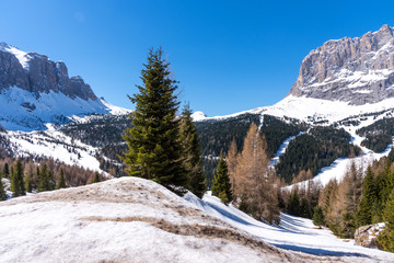 Fototapeta na wymiar A beautiful view on the Sassolungo (Langkofel) in the spring in the Dolomites in South Tyrol. Italy.