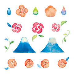 山と花の水彩イラスト