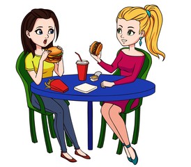 Female friends eating fast food meal in restaurant. Two people sitting, talking and having lunch burgers, fries and drinking soda. Hand drawn cartoon vector illustration, isolated on white background.