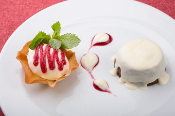 Brownie cake served with decorated ice cream