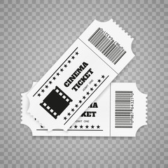 Tickets isolated on white background. Realistic front view. White movie ticket. Vector illustration. 